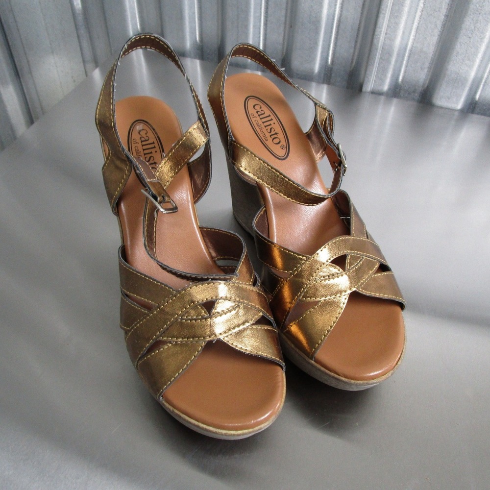 Callisto of California Dessy Bronze Metallic Wedge Sandals Putty Pat Womens 8 M